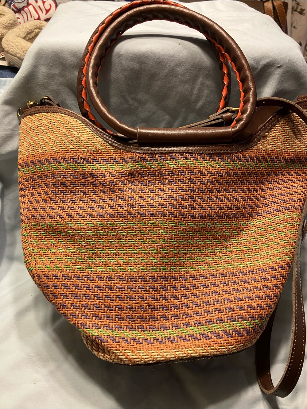 Patricia Nash Orange & Green Woven Straw Tote with Brown Leather Trim